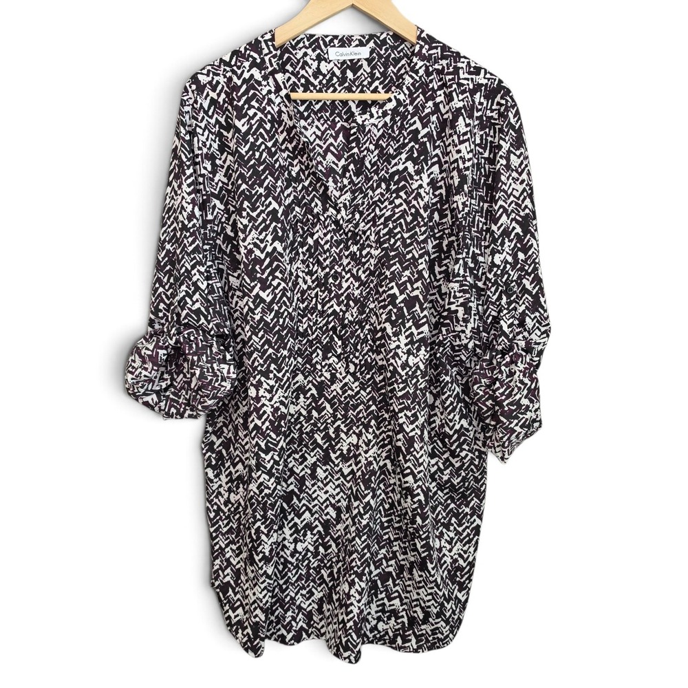 Calvin Klein Womens Top Plus‎ Size 3X Black Plum Printed Popover Sheer Blouse